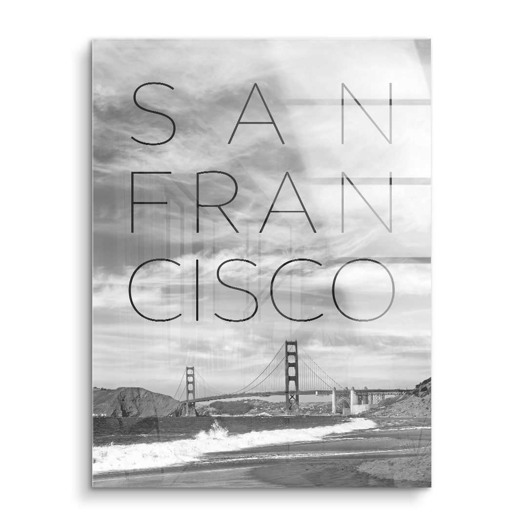 Schwarzweiß Wandbild Golden Gate Bridge mit großem SAN FRANCISCO Schriftzug, moderne Wanddeko