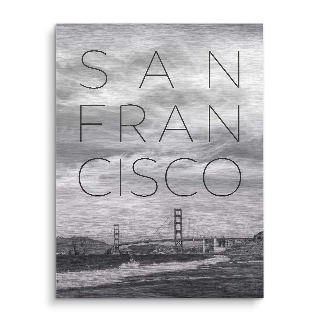Modernes Wandbild mit Golden Gate Bridge und großem 'San Francisco'-Schriftzug in Grautönen