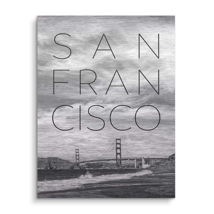 Modernes Wandbild mit Golden Gate Bridge und großem 'San Francisco'-Schriftzug in Grautönen