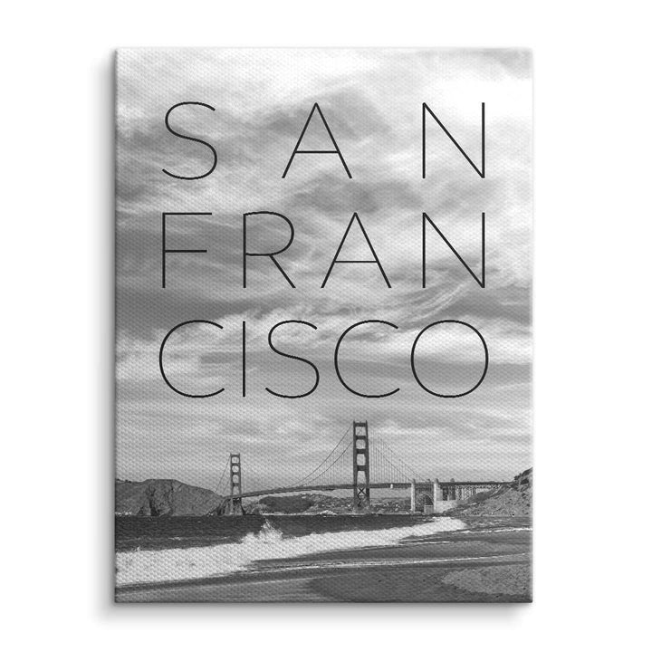 Schwarz-weiß Wandbild Golden Gate Bridge San Francisco mit modernem Schriftzug auf Leinwand