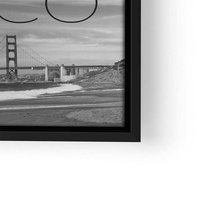 Schwarz-weiß Wandbild mit Golden Gate Bridge, Küste und modernem Rahmen