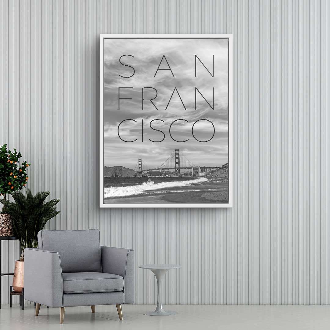 Modernes Wandbild Golden Gate Bridge San Francisco in Schwarz-Weiß im Wohnzimmer