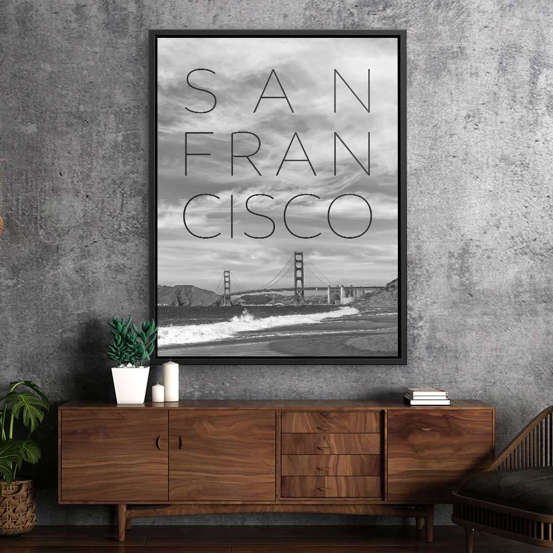 Modernes Wandbild mit Golden Gate Bridge in Schwarz-Weiß, Schriftzug San Francisco, Wohnzimmerdeko