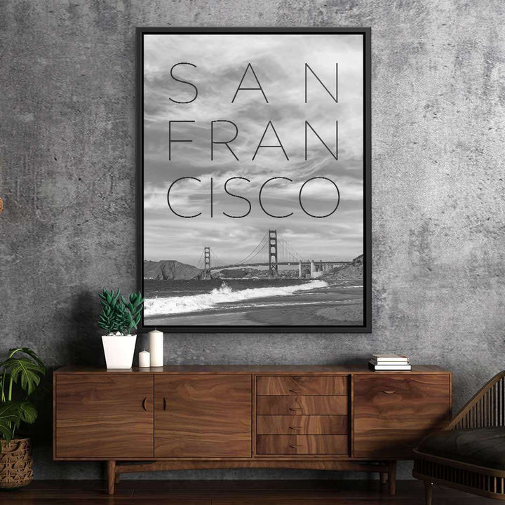 Modernes Wandbild mit Golden Gate Bridge in Schwarz-Weiß, Schriftzug San Francisco, Wohnzimmerdeko