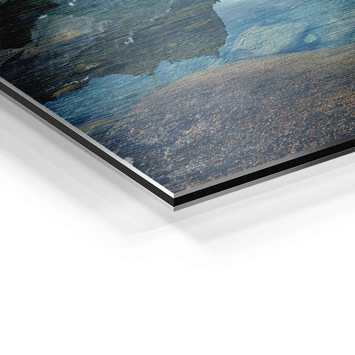 Detailaufnahme Wandbild Gebirgsfluss auf Aluminium, Struktur und Farben sichtbar
