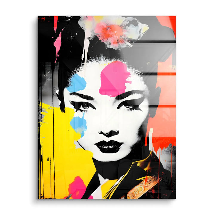 Modernes Geisha Wandbild mit bunten Farbspritzern auf Acrylglas, asiatische Kunst