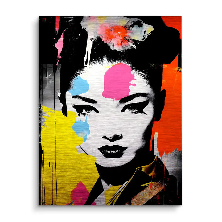 Modernes Wandbild Geisha Porträt in bunten Farben, Kunst auf Aluminium, asiatisches Motiv