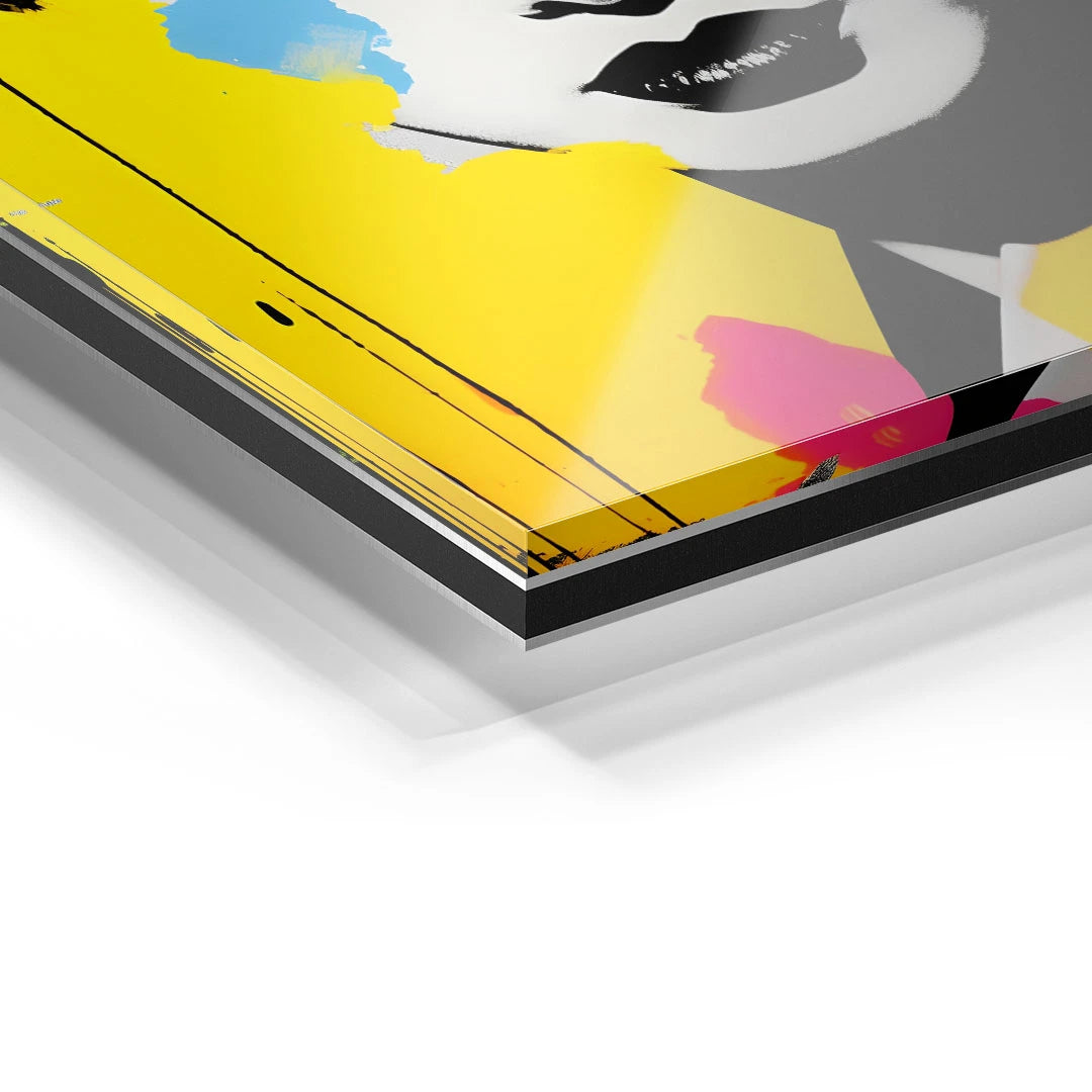 Detailaufnahme Acrylglas Wandbild mit Geisha Motiv, moderne Kunst, gelber Hintergrund