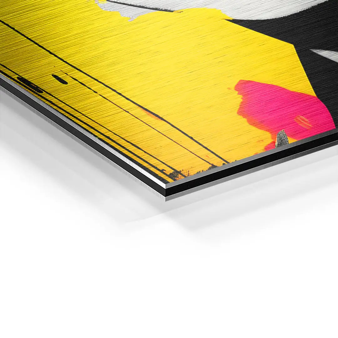 Detailaufnahme Wandbild auf Aluminium mit gelben, pinken und schwarzen Kunstfarben