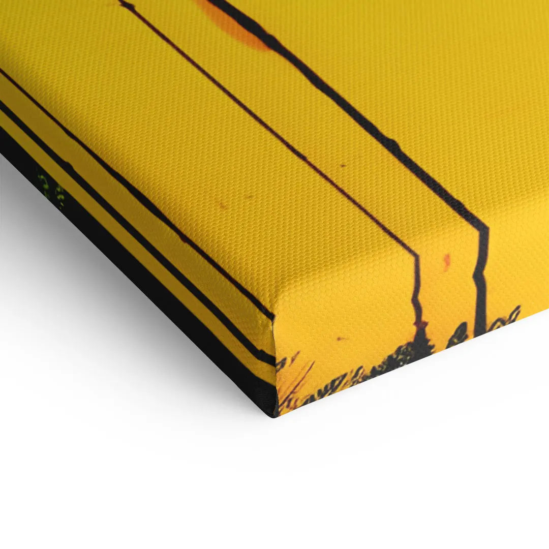 Detailaufnahme gelbes Leinwandbild mit schwarzen Linien und strukturierter Oberfläche