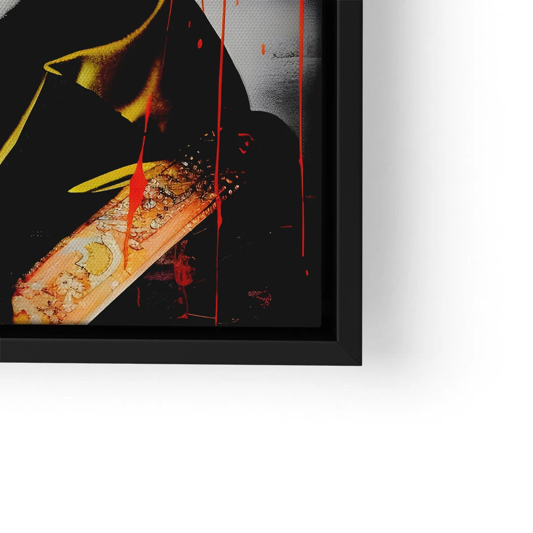 Wandbild mit Geisha-Motiv, bunte Kunst mit roten Farbakzenten und schwarzem Rahmen