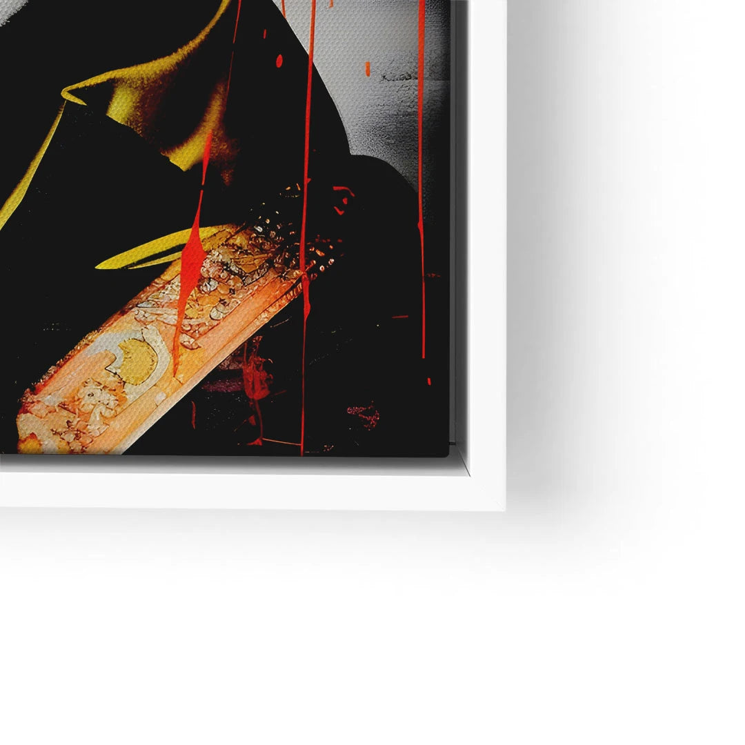 Modernes Wandbild mit Geisha-Detail, roten Farbtropfen und asiatischem Motiv im Rahmen