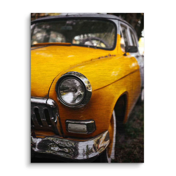 Wandbild gelber Oldtimer, Nahaufnahme Frontscheinwerfer, Retro Auto Dekoration