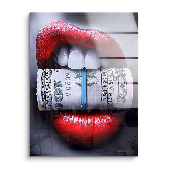Modernes Wandbild mit roten Lippen, die eine Geldrolle im Mund halten, Pop Art Stil