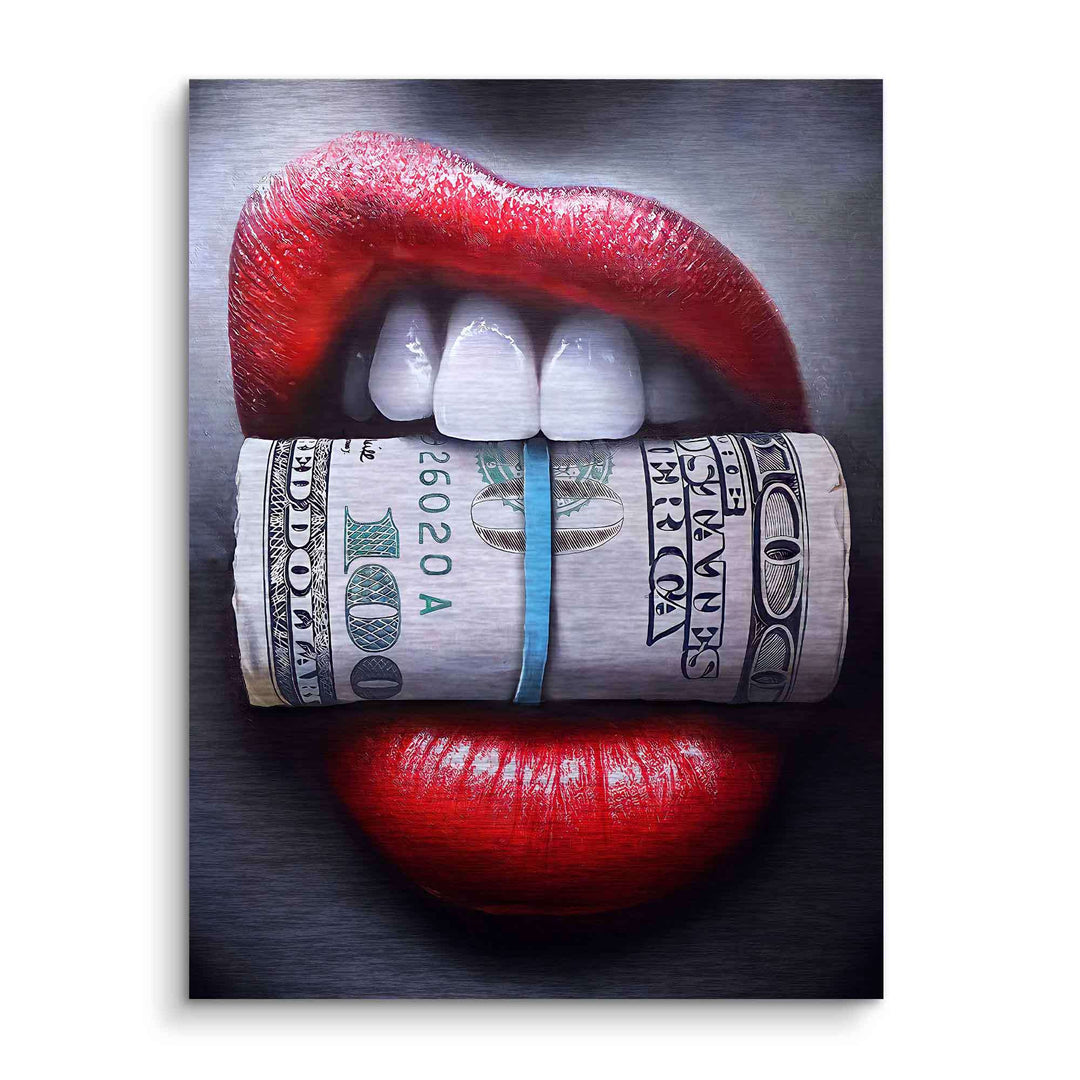 Pop Art Wandbild mit roten Lippen und einer Dollarnote im Mund, moderner Kunststil