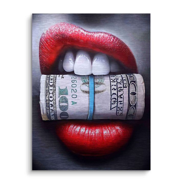 Pop Art Wandbild mit roten Lippen und einer Dollarnote im Mund, moderner Kunststil
