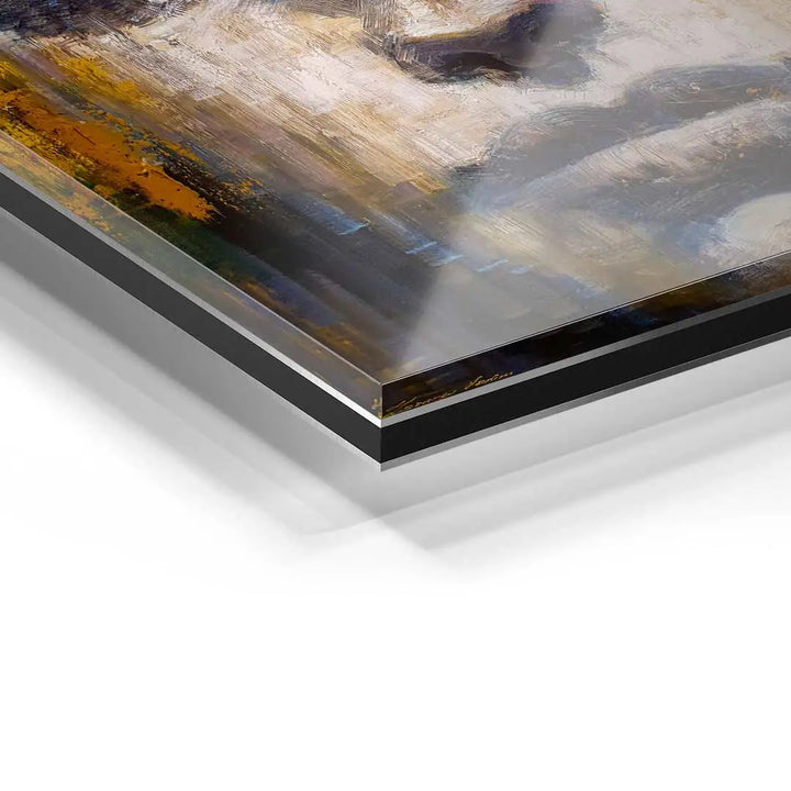Detailansicht eines modernen Wandbilds mit Gesichtsmotiv auf Acrylglas, abstrakte Kunst