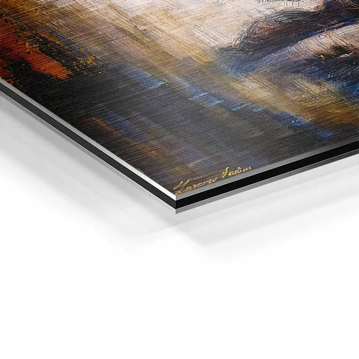 Detailaufnahme eines modernen Wandbilds mit abstraktem Gesicht, auf Aluminium gedruckt