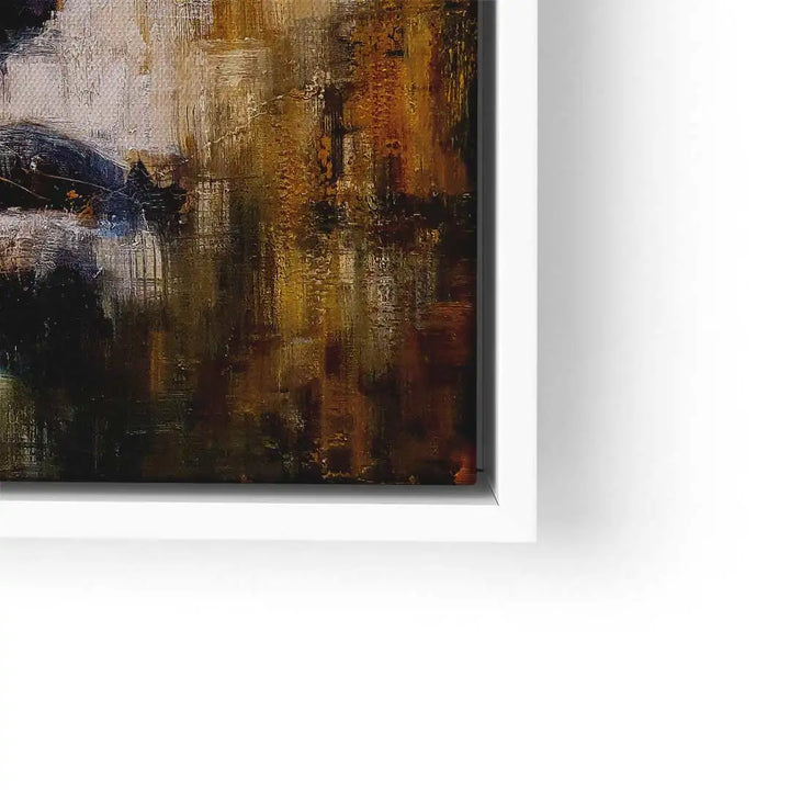 Abstraktes Wandbild mit Gesicht in warmen Braun- und Goldtönen, moderner Kunstdruck