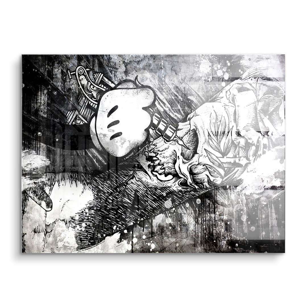 Schwarz-weiß Wandbild mit Tattoo-Maschine, Comic-Hand und Totenkopf, moderne Kunst
