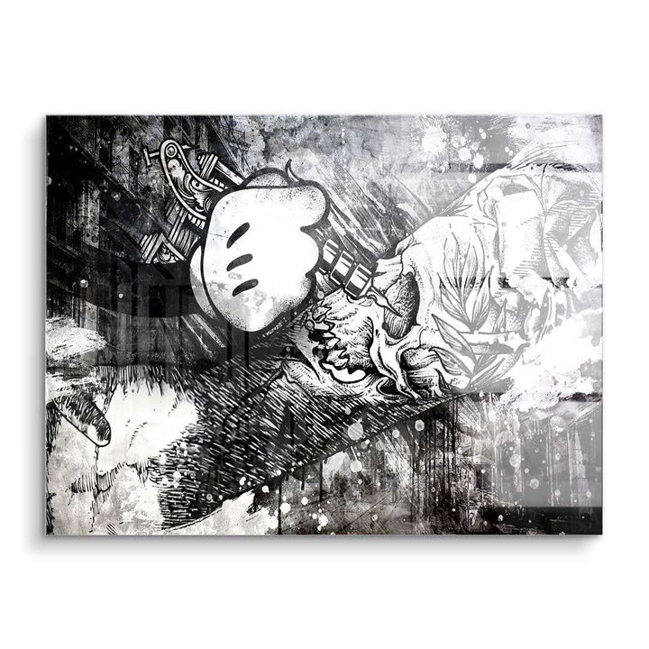 Schwarz-weiß Wandbild mit Tattoo-Maschine, Comic-Hand und Totenkopf, moderne Kunst