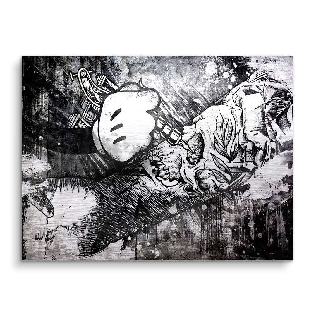 Schwarz-weiß Wandbild mit Comic-Hand, die einen Totenkopf tätowiert, urbaner Pop Art Stil