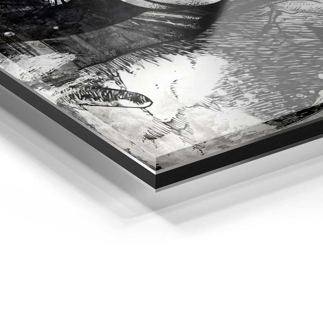 Detailansicht modernes Wandbild auf Acrylglas in Schwarz-Weiß, abstrakte Kunst