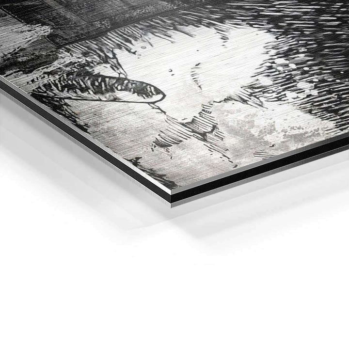 Detailaufnahme eines modernen Schwarz-Weiß-Wandbilds auf gebürstetem Aluminium