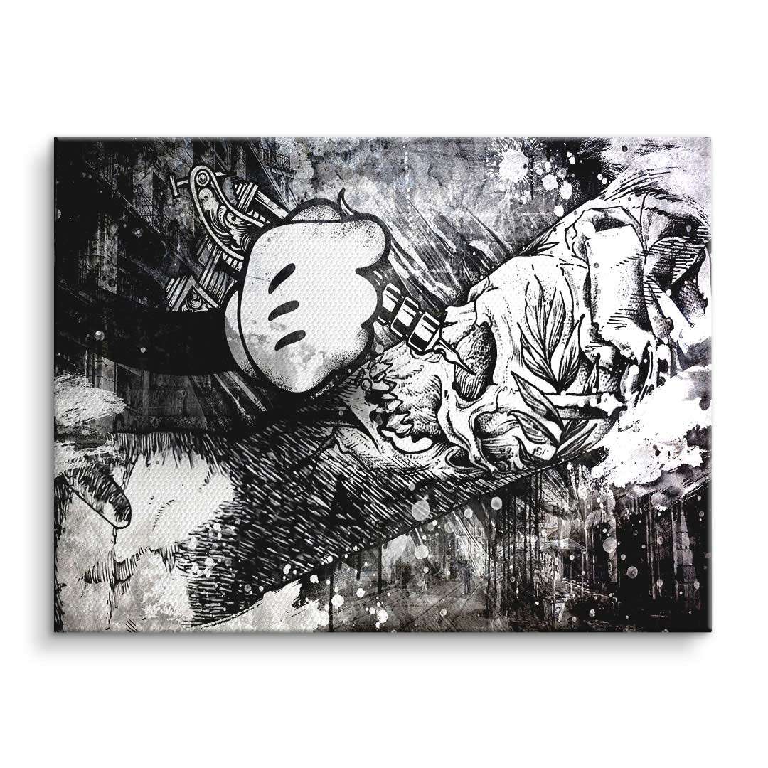 Schwarz-weißes Wandbild mit Comic-Hand, die einen Totenkopf tätowiert, moderner Street-Art-Stil