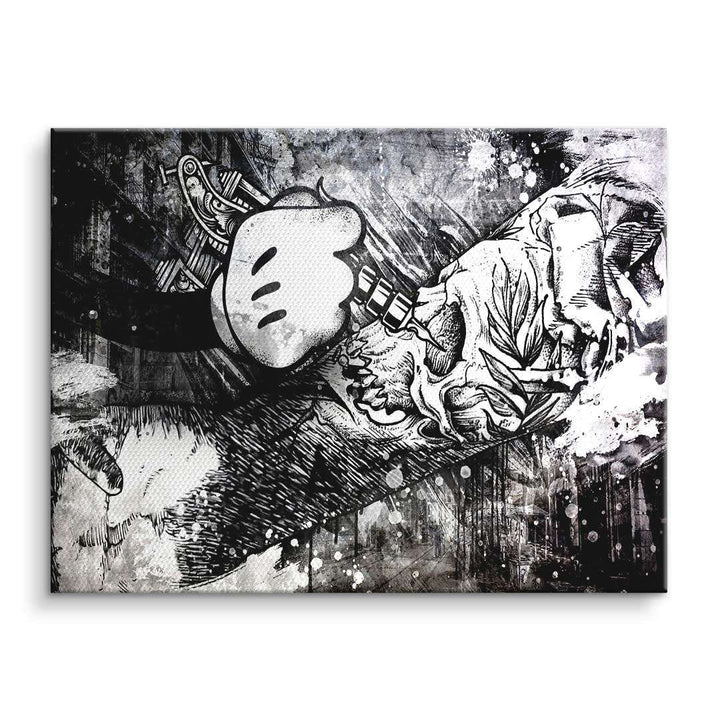 Schwarz-weißes Wandbild mit Comic-Hand, die einen Totenkopf tätowiert, moderner Street-Art-Stil