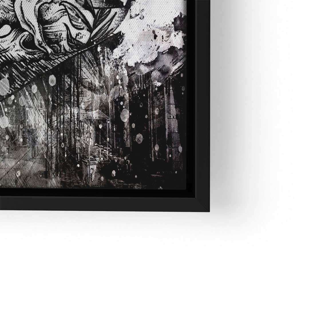 Modernes Wandbild in Schwarz-Weiß mit abstraktem Stadtmotiv und grafischen Elementen