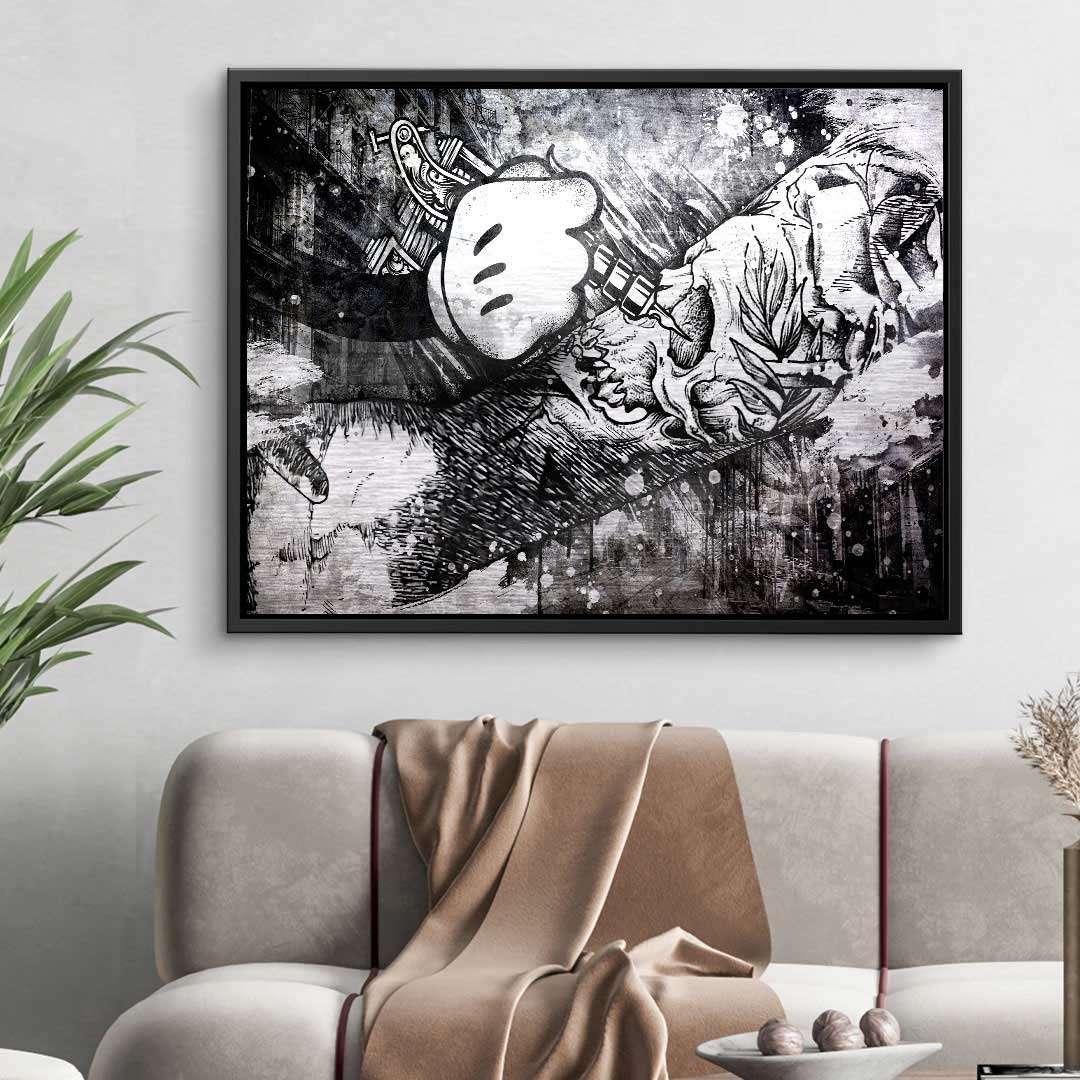 Modernes Wandbild in Schwarz-Weiß mit Comic-Hand und Totenkopf-Motiv im Wohnzimmer