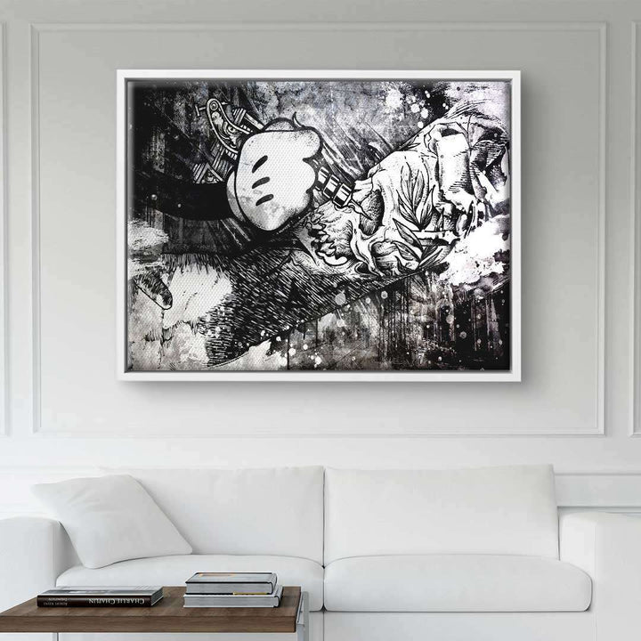 Modernes Wandbild mit Comic-Hand, die eine Tattoomaschine hält, abstrakte Schwarz-Weiß-Kunst