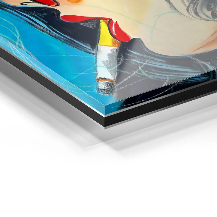 Detailansicht Acrylglas Wandbild Pop Art Mädchen mit Zigarette, bunte Farben