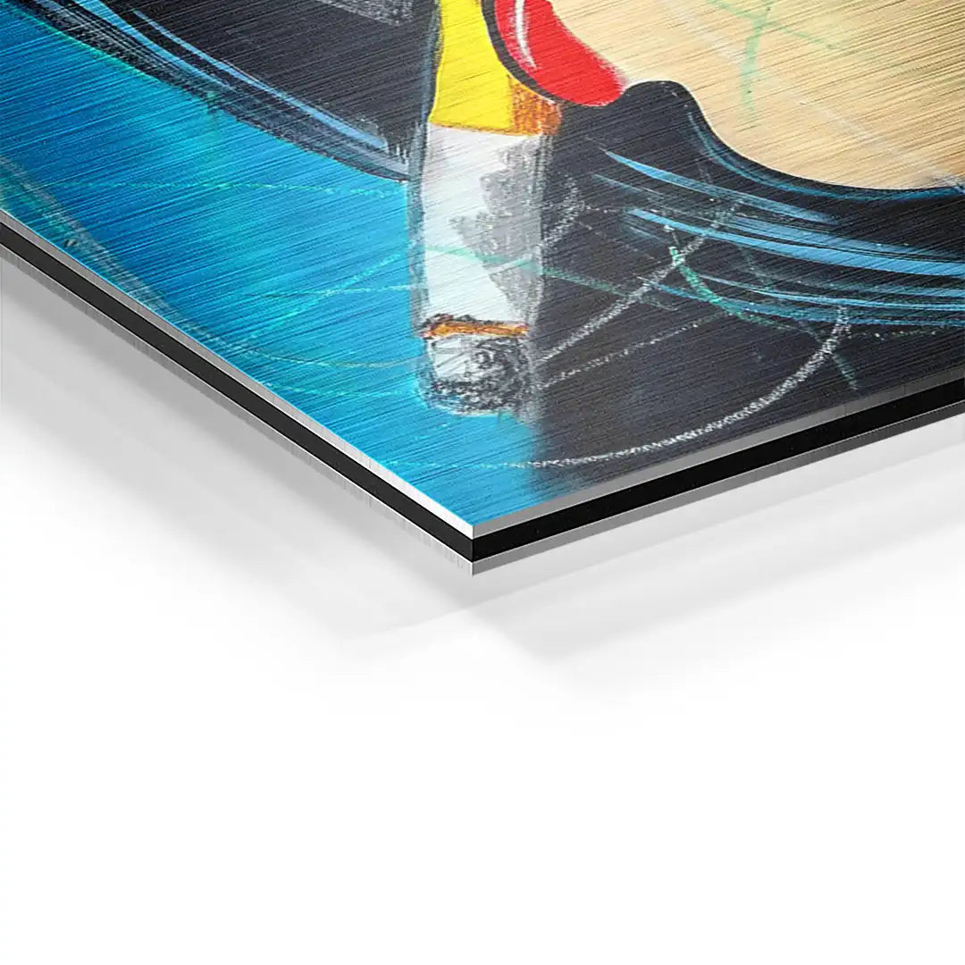 Detailaufnahme modernes Wandbild Mädchen mit Zigarette, bunte Pop Art auf Aluminium