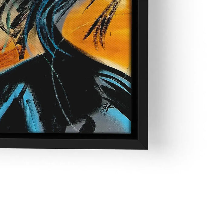 Modernes Wandbild mit abstraktem Mädchen, leuchtenden Farben und schwarzem Rahmen