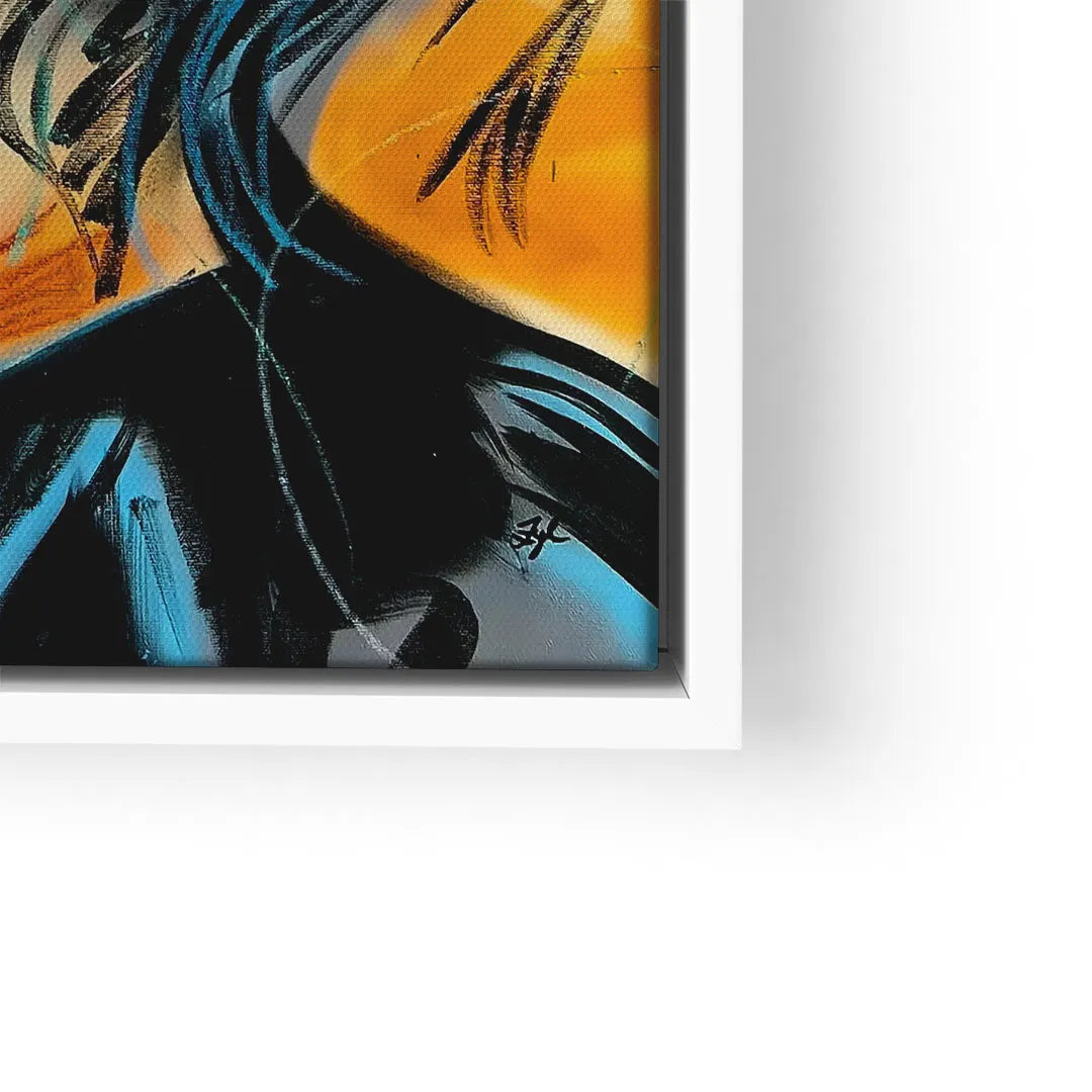 Modernes Wandbild mit abstrakter weiblicher Figur vor orangefarbenem Hintergrund