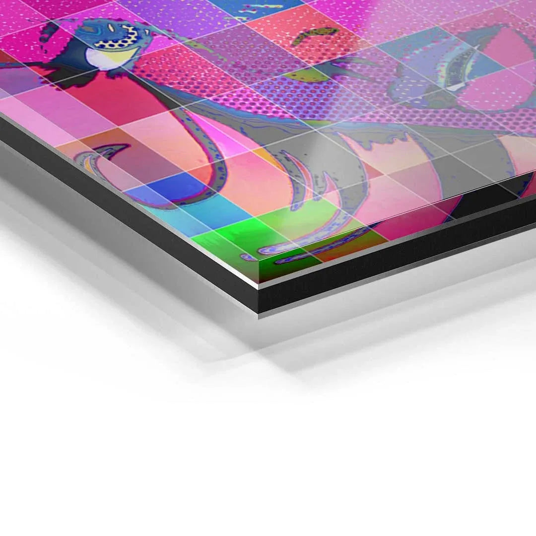 Detail eines modernen, bunten Wandbilds auf Acrylglas mit Pop-Art-Motiv und geometrischen Formen.