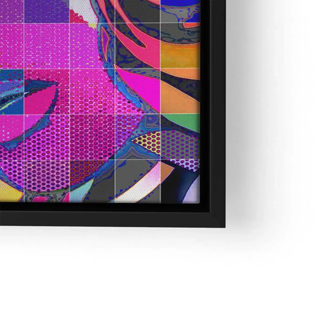 Detail eines bunten, modernen Pop Art Wandbilds mit Mädchenmotiv und schwarzem Rahmen