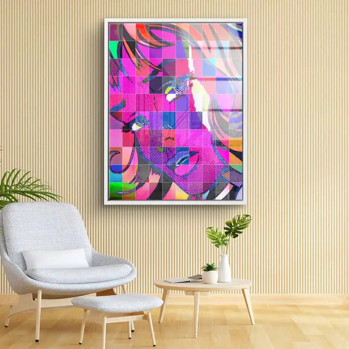 Modernes Pop Art Wandbild mit buntem Mädchenporträt im Wohnzimmer, Kunst Dekoration