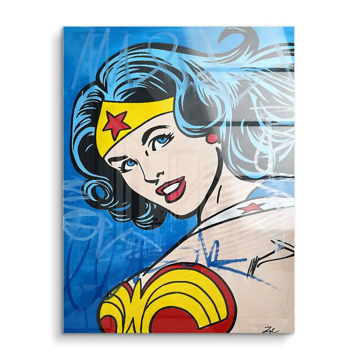Pop Art Wandbild mit Comic-Superheldin auf blauem Hintergrund, Acrylglas, modern