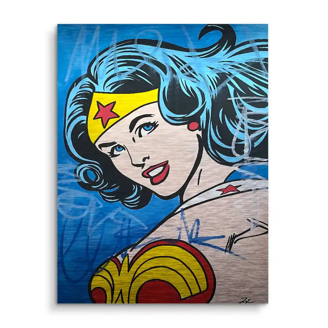 Pop Art Wandbild einer Comic-Frau mit blauem Hintergrund, gelbem Stirnband und rotem Stern