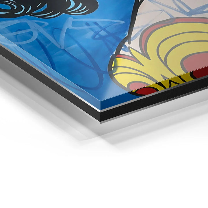 Detailansicht Acrylglas Wandbild Pop Art Mädchen mit blauem Hintergrund