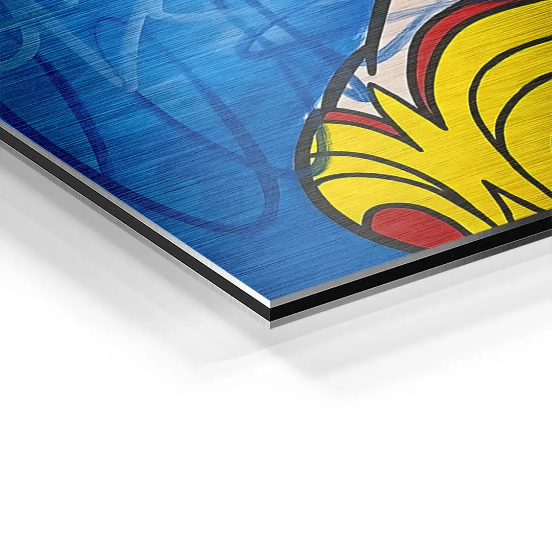Detailansicht Wandbild auf Aluminium mit blauem Hintergrund und gelbem Pop Art Motiv