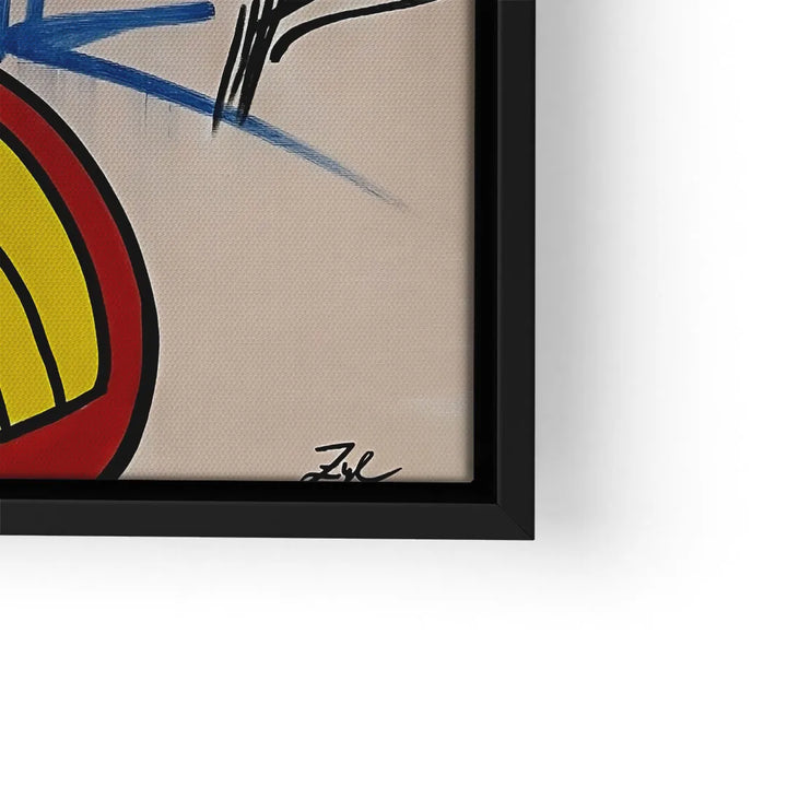 Detail eines modernen Wandbilds mit grafischen Elementen und blauem Graffiti auf Leinwand