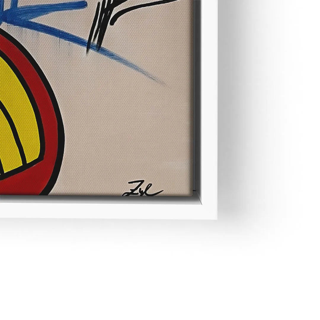 Detailausschnitt eines modernen Wandbilds mit gelbem und rotem Pop Art-Motiv und blauer Linie.