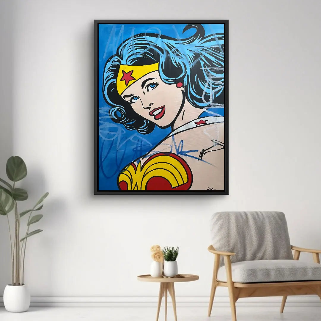 Modernes Wandbild Pop Art Comic Frau auf blauem Hintergrund, Kunst für Wohnzimmer