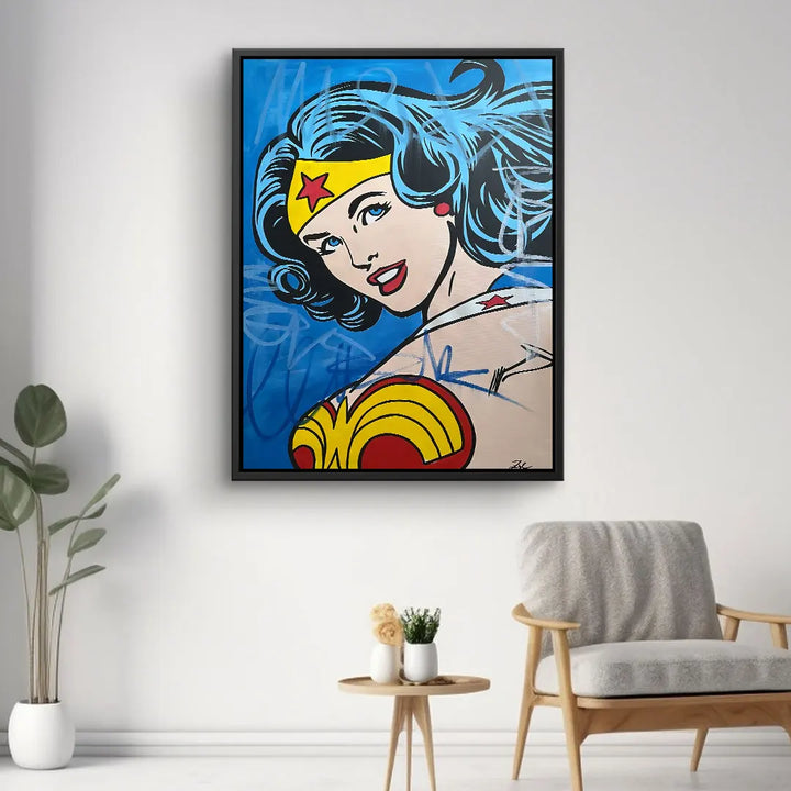 Modernes Wandbild Pop Art Comic Frau auf blauem Hintergrund, Kunst für Wohnzimmer