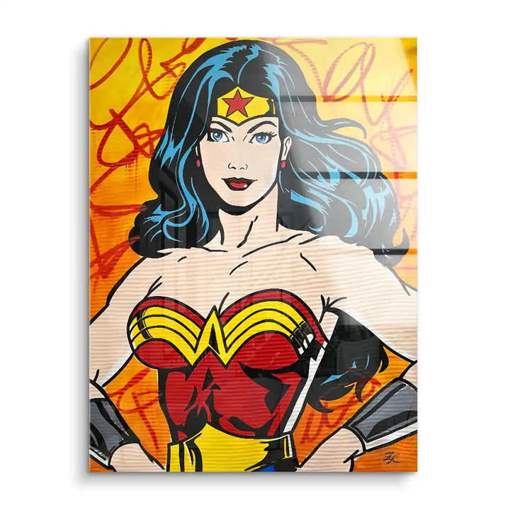 Pop Art Wandbild einer Comic-Superheldin auf orangefarbenem Hintergrund, Acrylglas Kunst