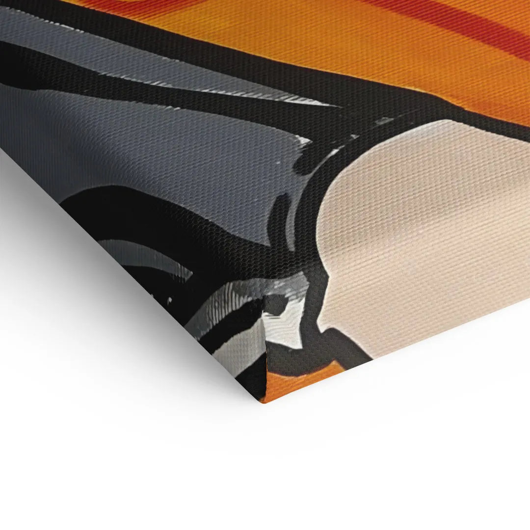 Detailaufnahme Leinwand-Wandbild, Mädchen-Porträt im Pop Art Stil mit orangefarbenem Hintergrund